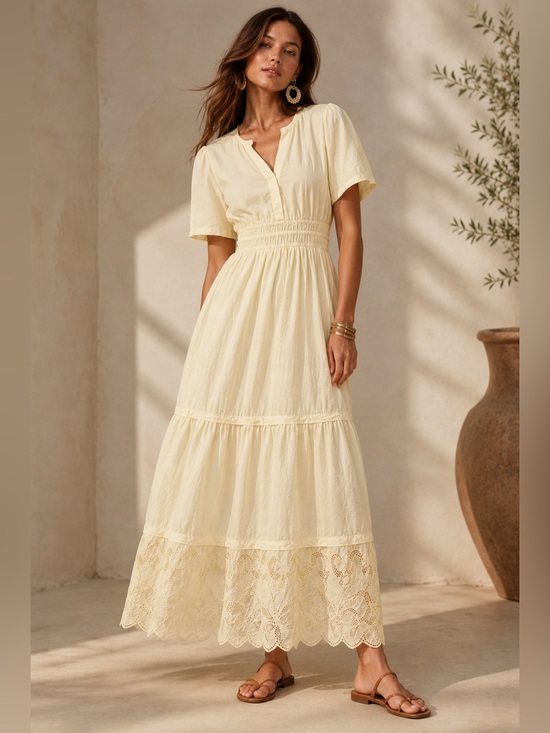 Haute Hippie Dresses & Skirts - Haute Hippie Style Yellow Cotton Midi Dress Eyelet Hem Smocked Waist M